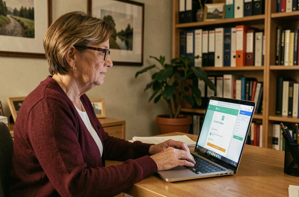 Citoyenne utilisant un portail numérique municipal depuis son domicile sur un ordinateur portable