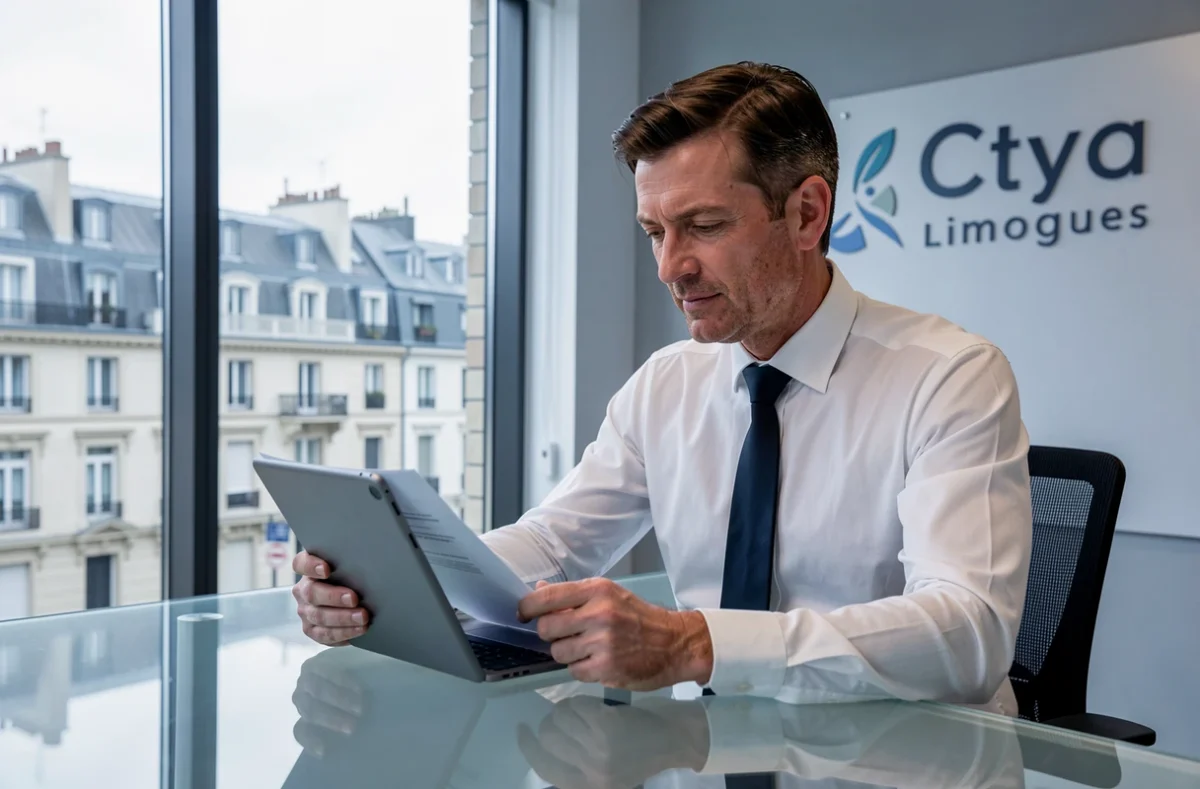 Agent Citya Durivaud consultant un dossier immobilier sur tablette dans les bureaux avec vue sur Limoges