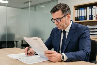 Comptable en costume signant des documents officiels lors d'une clôture de liquidation dans un bureau professionnel