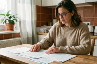 Femme comparant des contrats d'assurance habitation à sa table de cuisine