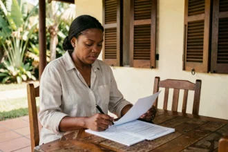 Femme martiniquaise comparant des devis d'assurance habitation sur sa terrasse
