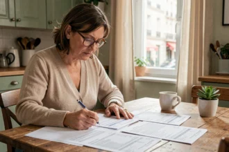 Femme comparant plusieurs offres d'assurance habitation sur une table en bois dans un appartement français