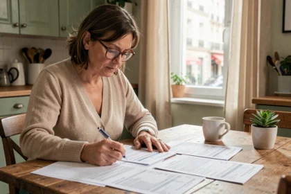 Femme comparant plusieurs offres d'assurance habitation sur une table en bois dans un appartement français