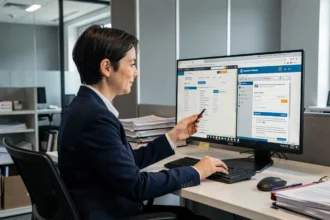 Employée municipale comparant une plateforme numérique moderne et un extranet classique sur un écran de bureau