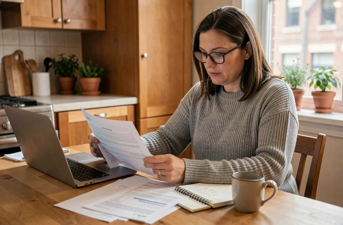 Femme consultant les taux immobiliers CASDEN depuis son domicile avec des documents de prêt