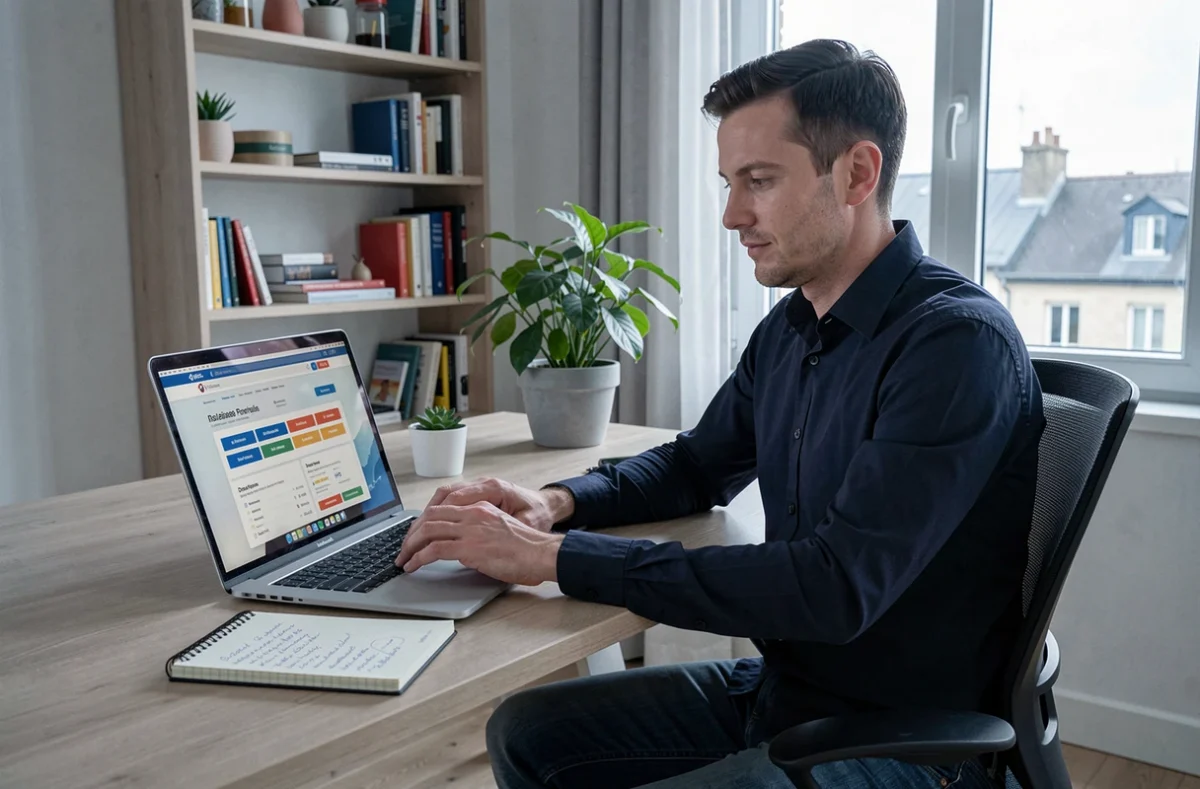 Homme consultant un comparateur d'assurance habitation en ligne depuis son bureau à domicile