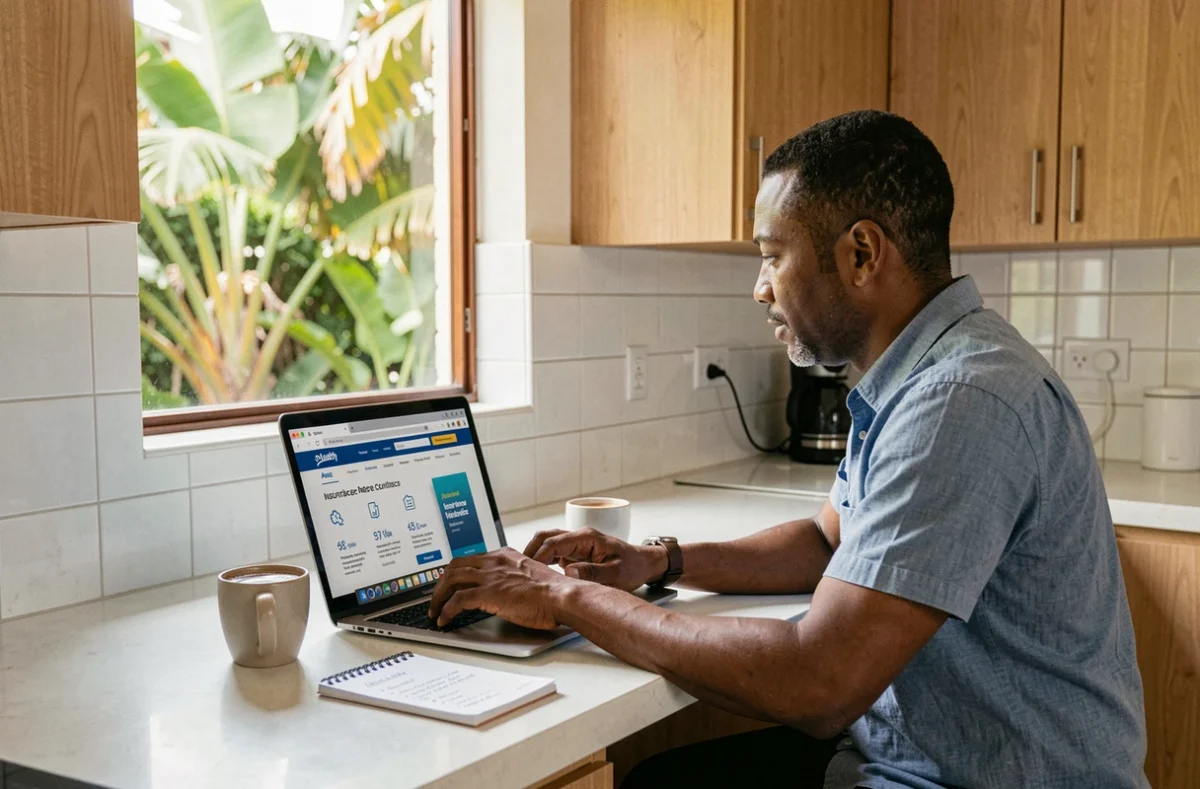 Homme consultant un comparateur d'assurance habitation en ligne depuis sa cuisine en Martinique