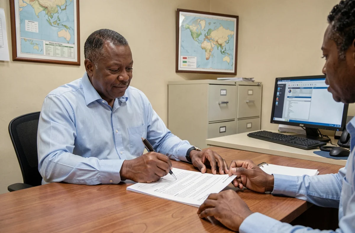 Conseiller en assurance présentant un devis habitation à un client dans une agence en Martinique