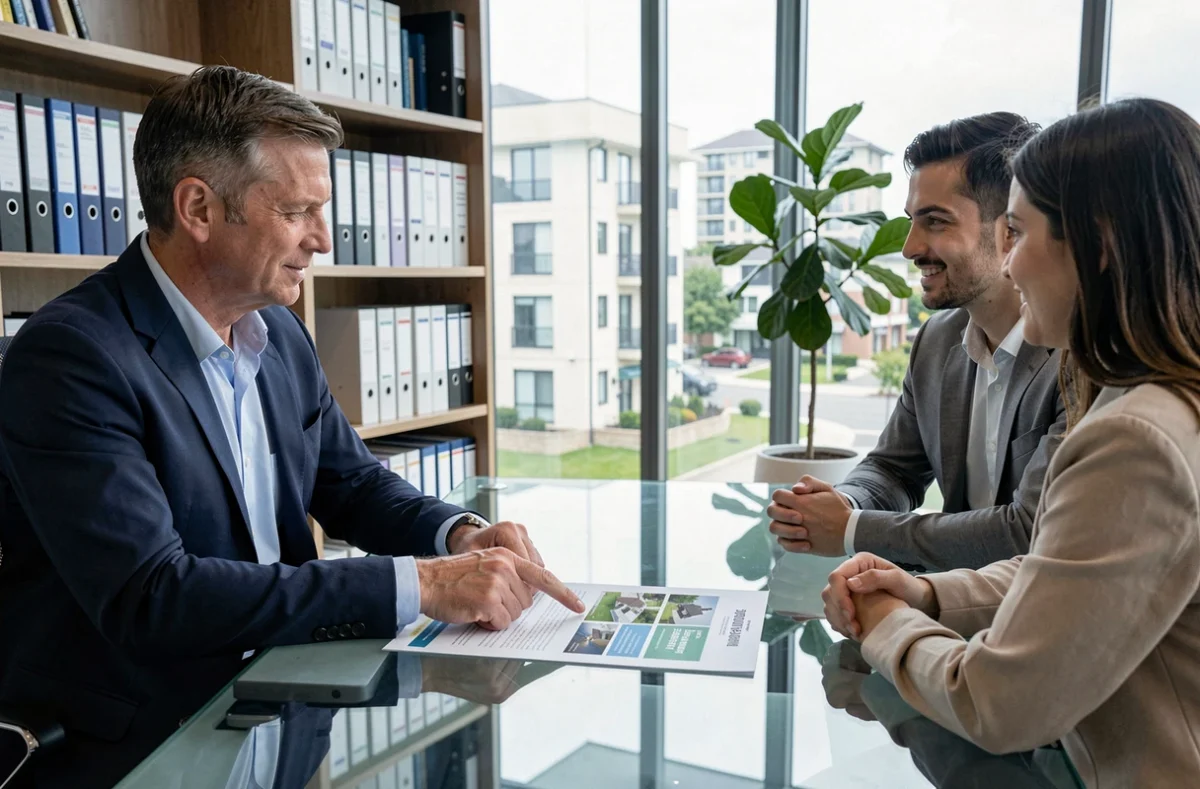 Conseiller en assurance présentant différentes formules habitation à un couple