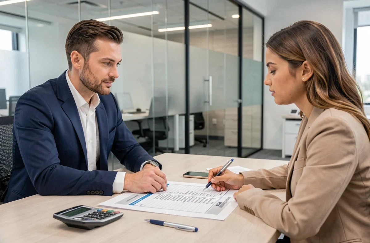 Conseiller bancaire présentant un tableau d'amortissement de prêt immobilier sur 25 ans à une cliente dans un bureau professionnel