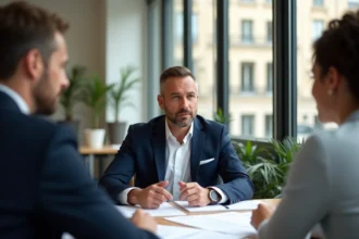 Conseiller immobilier Orpi discutant d'un investissement immobilier avec un couple dans une agence parisienne moderne