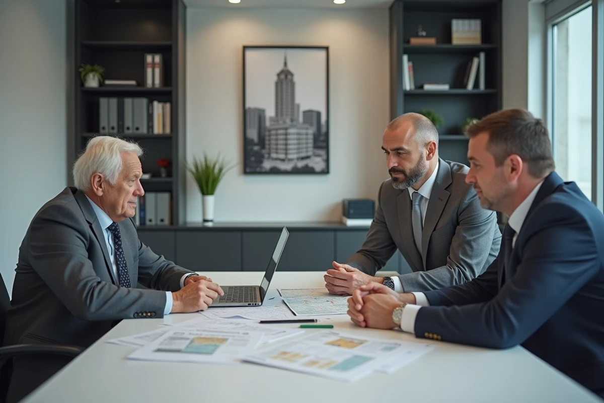 Conseiller immobilier et client senior discutant d'une offre de viager libre dans un bureau notarial moderne