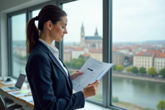 Conseillère immobilière tenant un rapport sur le prix au m² à Lyon devant une vue sur la ville