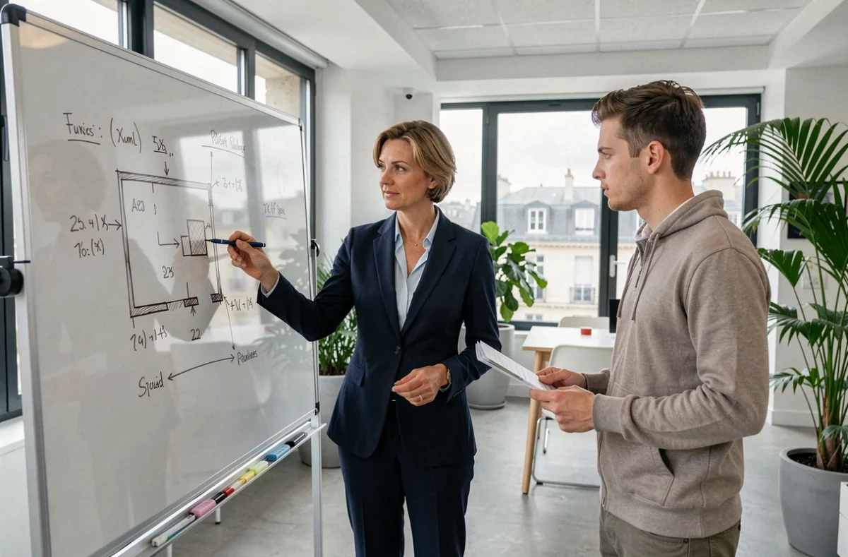 Conseillère immobilière expliquant le dispositif Pinel et le PTZ à un primo-accédant dans une agence moderne