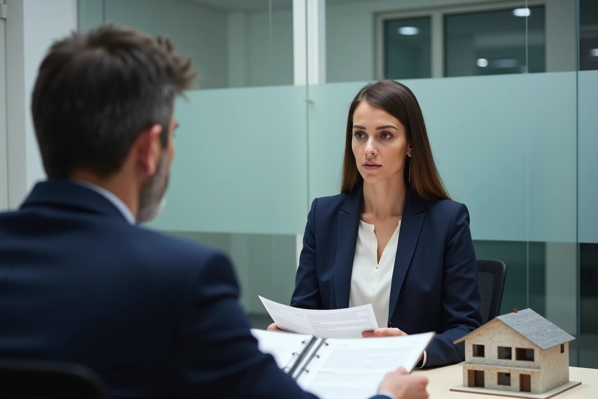 Femme en blazer marine consultant un conseiller bancaire sur les conditions de revente d'un logement financé par le PTZ