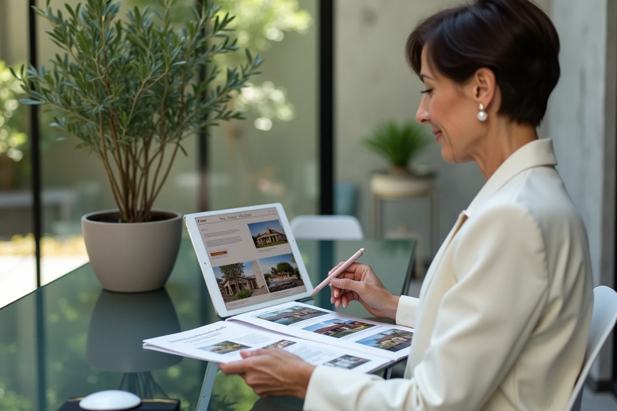 Femme consultant un dossier de vente immobilière de prestige sur tablette dans un bureau raffiné