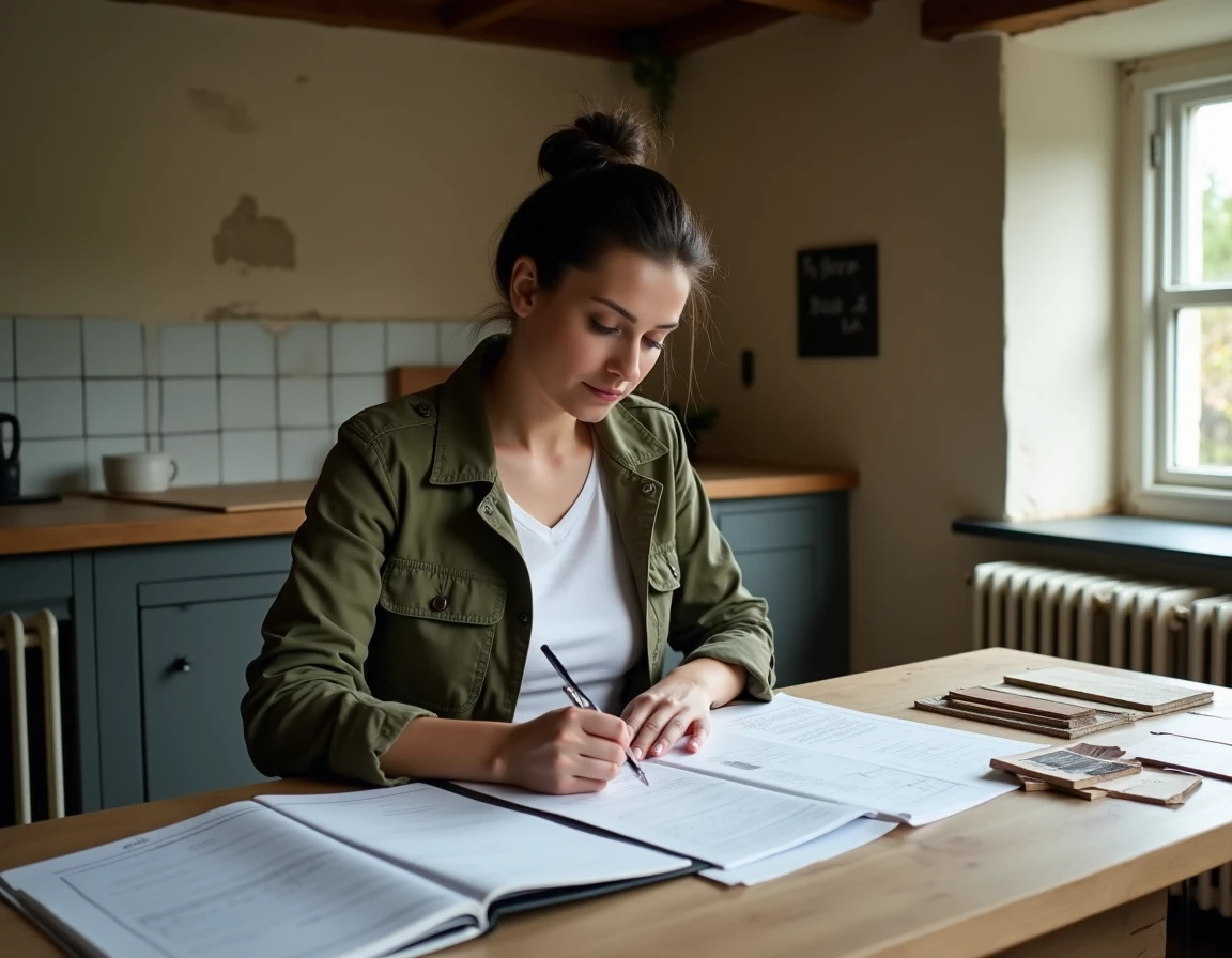 Femme consultant un manuel de rénovation avec des échantillons de matériaux sur une table en chêne dans une maison ancienne