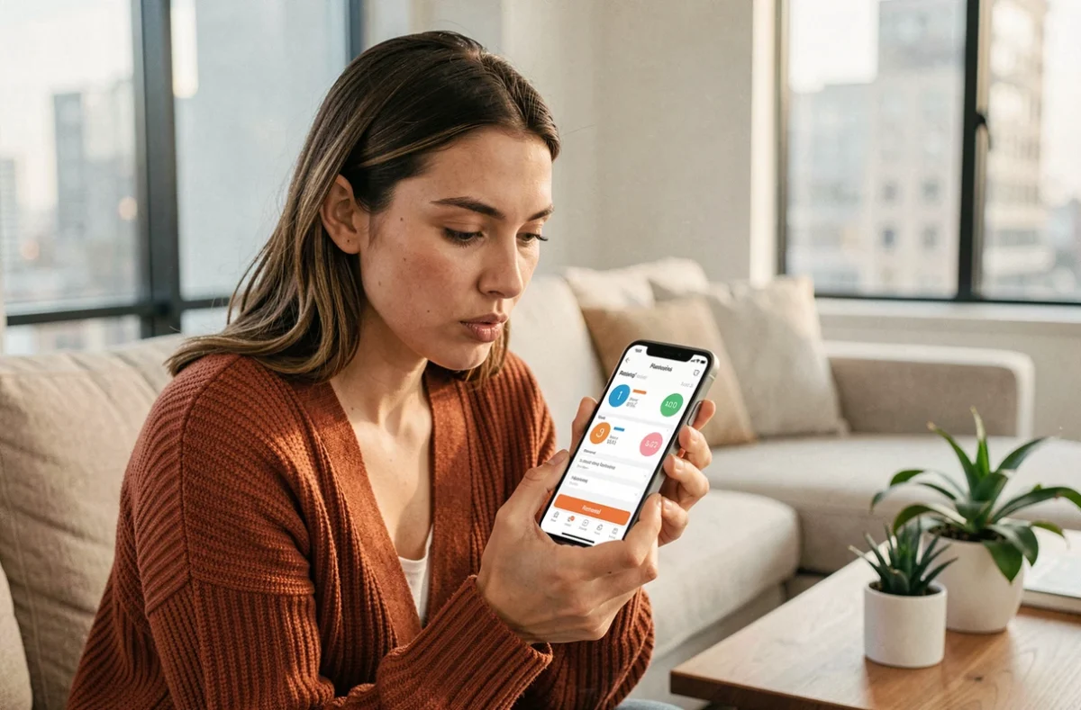 Jeune femme consultant le statut de sa demande de logement social sur l'application mobile AL in.fr