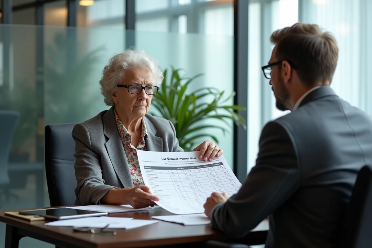 Femme âgée en consultation avec un conseiller immobilier sur le viager et l'espérance de vie