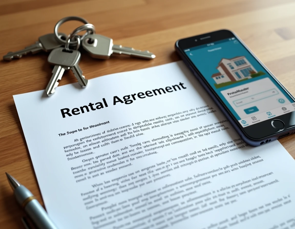 Flat lay d'un contrat de bail, clés d'appartement et application de gestion locative sur smartphone