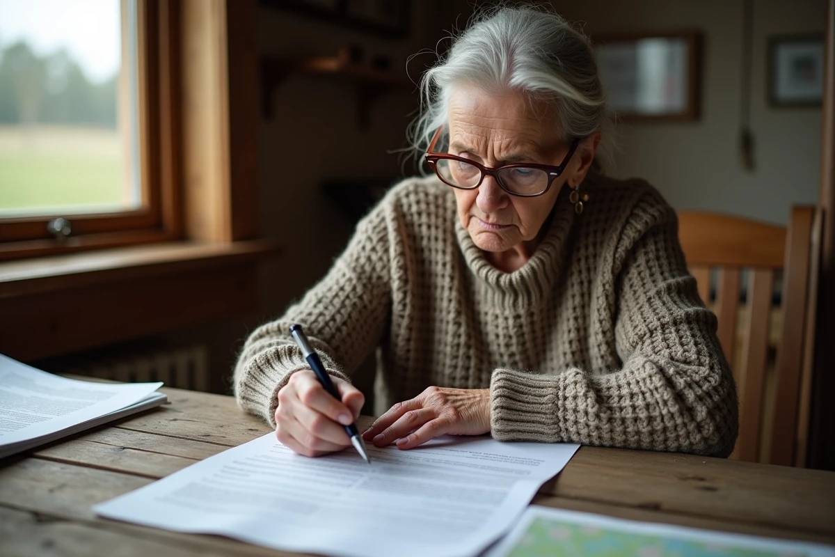 Lesseuse senior examinant un contrat de location en intérieur
