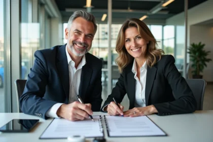 Homme et femme signant un contrat de location de voiture au bureau