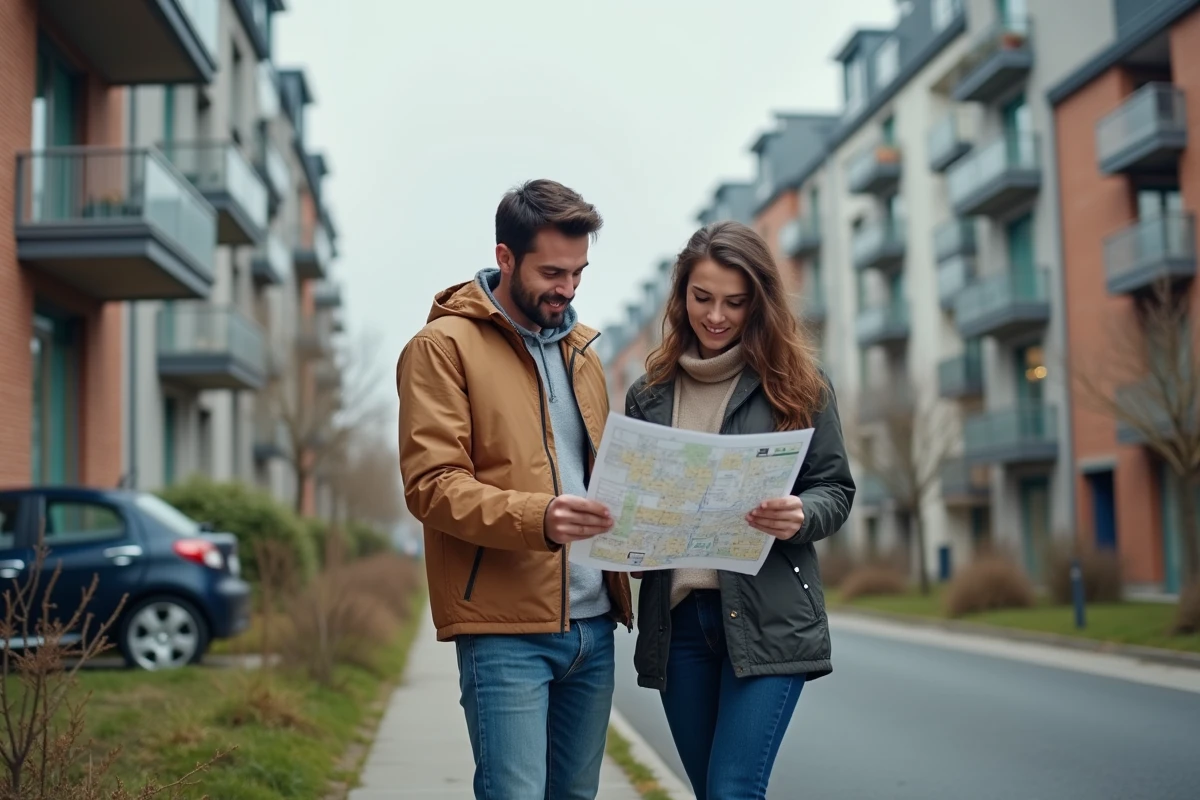 Couple d'acheteurs immobiliers consultant une carte en zone tendue urbaine