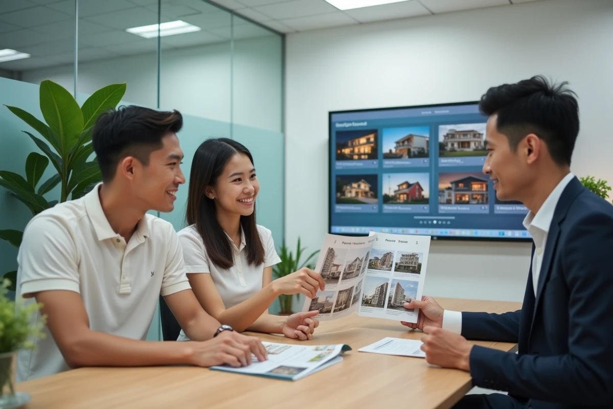 Couple thaïlandais en réunion avec un agent immobilier comparant des brochures de condominiums et de maisons individuelles