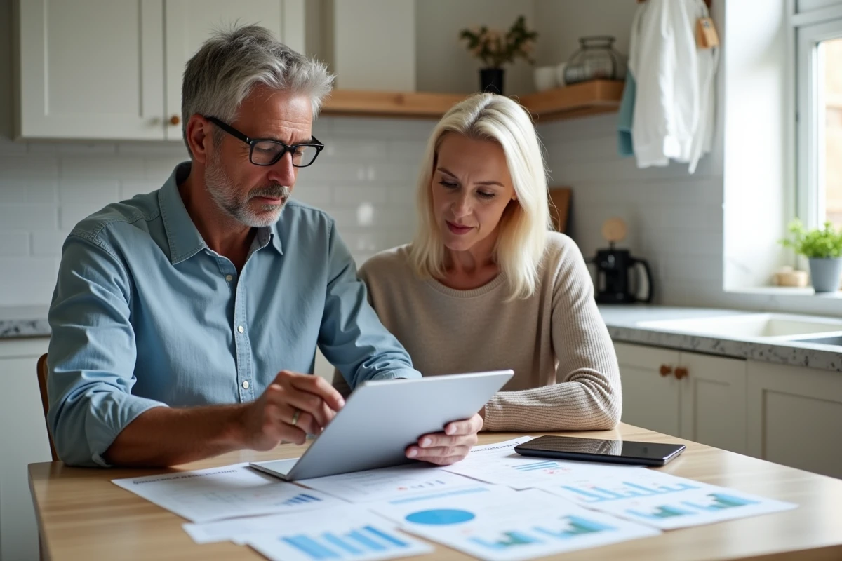 Couple analysant ensemble les baisses de prix immobilier avec un outil de suivi en ligne