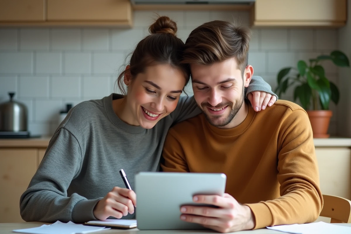 Couple analysant ensemble les conditions et frais d'un site immobilier sur une tablette avant de louer un logement