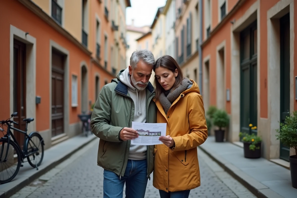 Couple consultant une annonce immobilière dans le quartier de la Croix-Rousse à Lyon