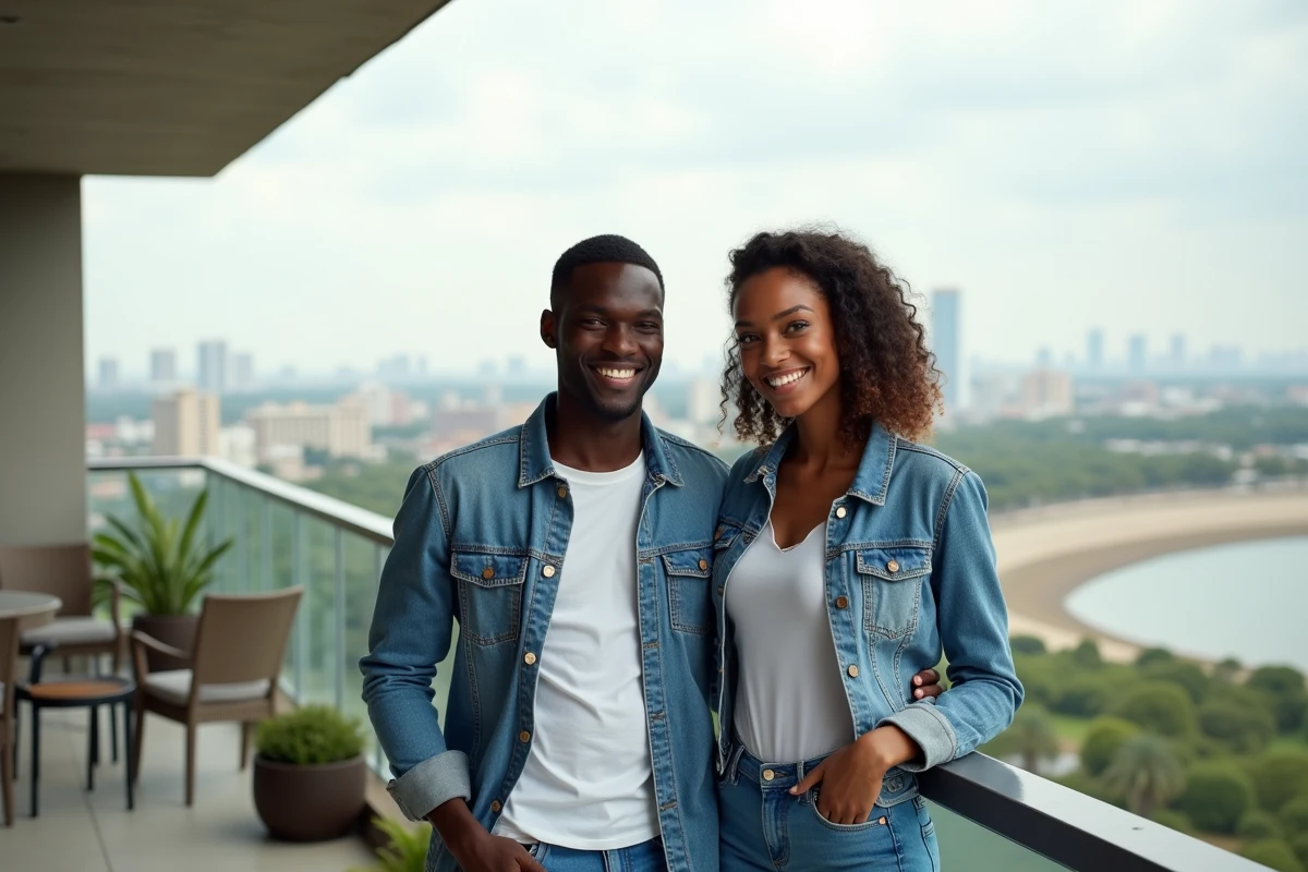 Jeune couple admirant la vue urbaine d
