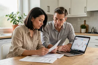 Couple en train d'étudier les conditions d'un crédit immobilier sur 25 ans autour d'une table en bois avec des documents et un ordinateur portable