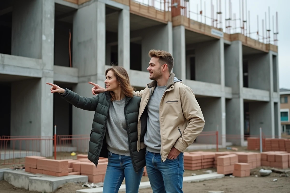 Couple devant un chantier de construction immobilière en cours discutant de la revente de leur bien acquis avec un PTZ