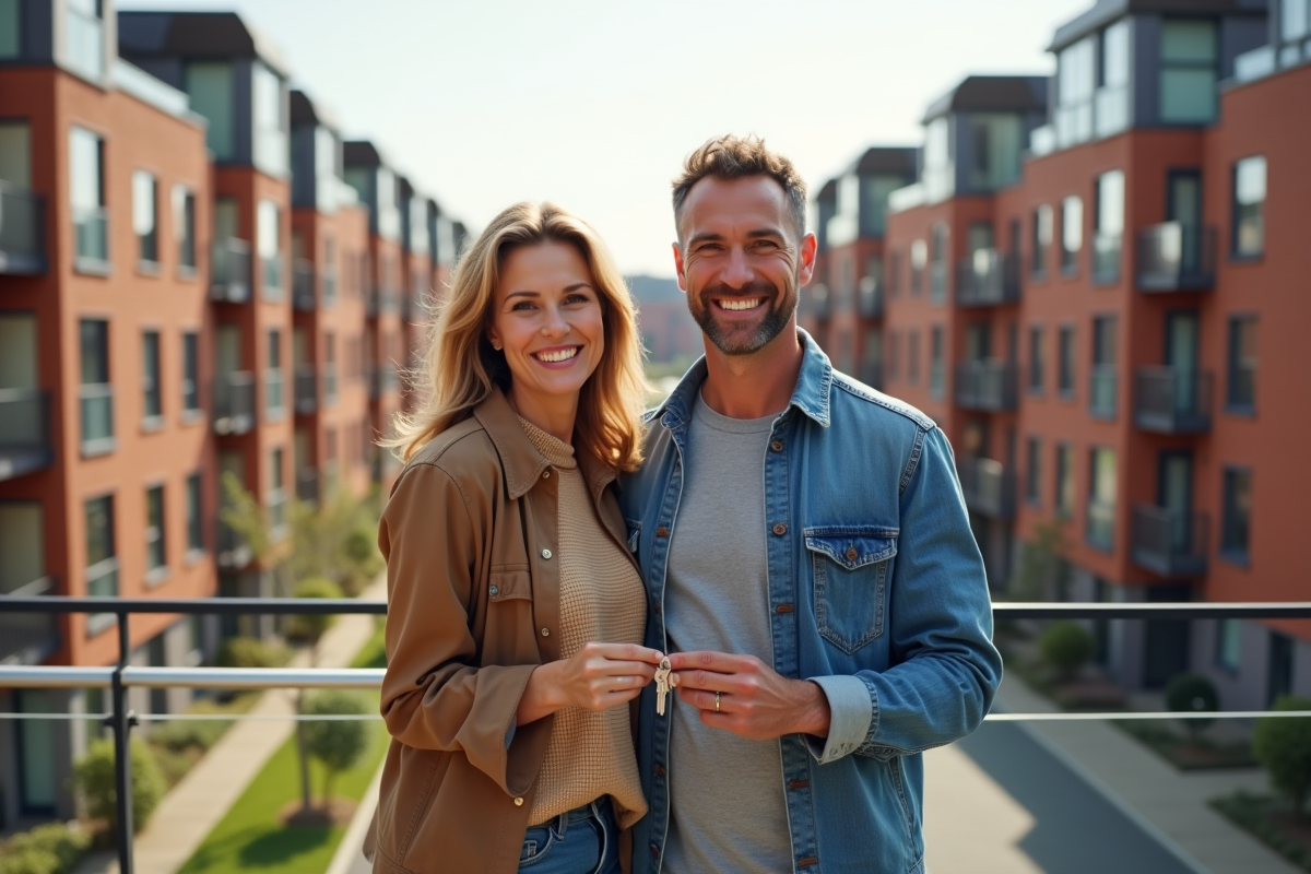 Couple souriant avec clés d