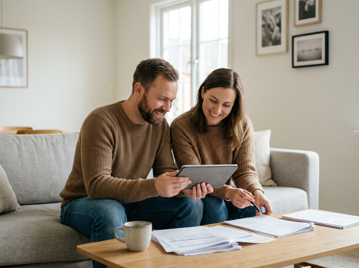 Un couple compare les garanties de leur assurance emprunteur sur une tablette dans leur salon