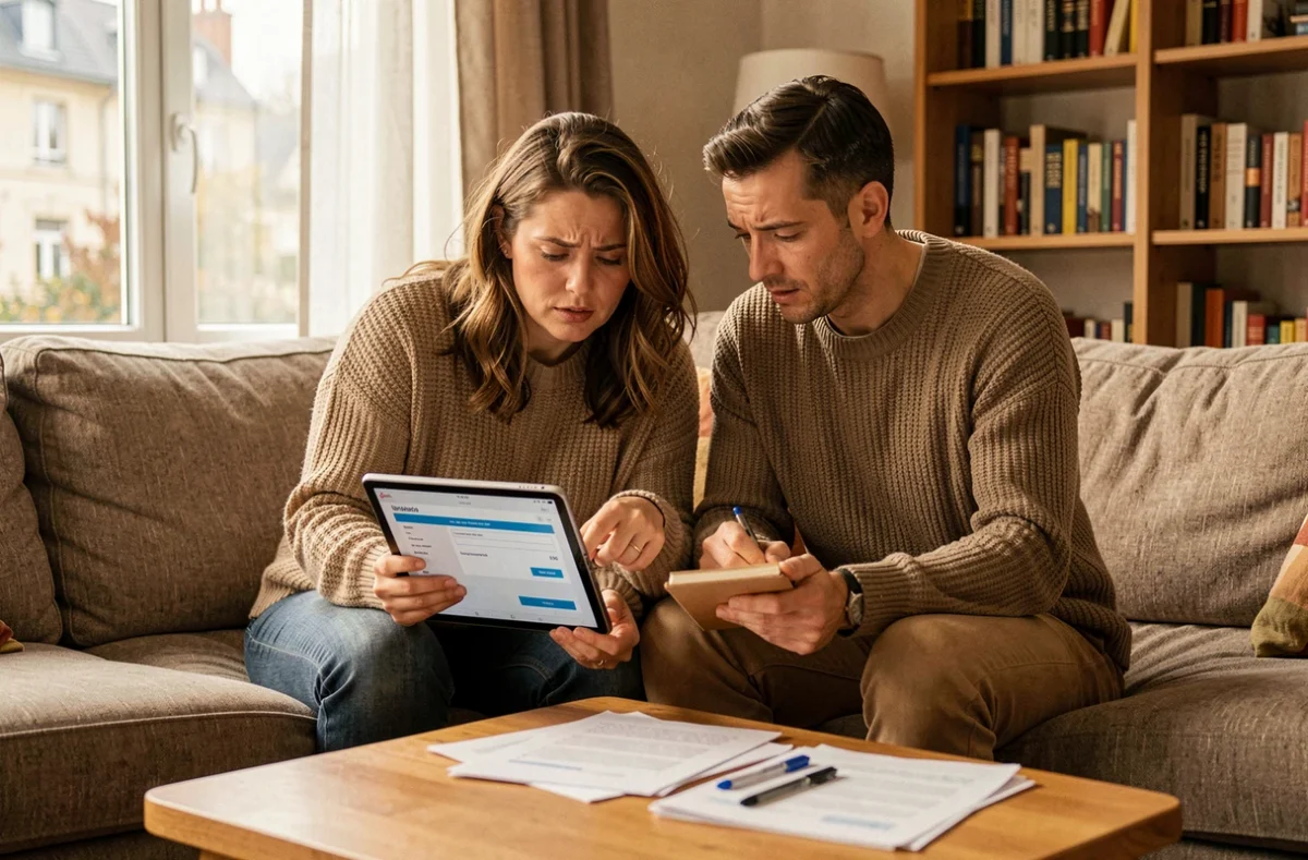 Couple comparant des devis d'assurance habitation sur une tablette dans leur salon à Beauvais