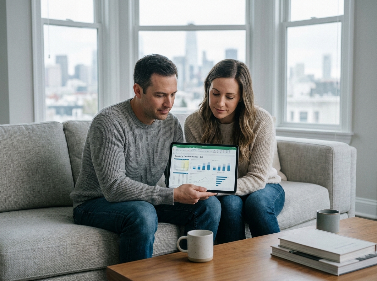 Un couple consulte les conditions de leur assurance de prêt immobilier sur une tablette dans leur salon