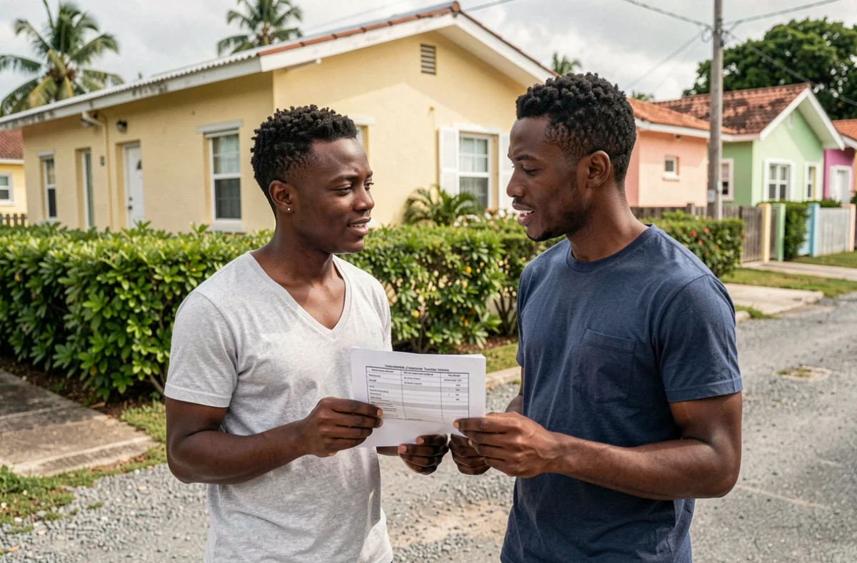 Couple martiniquais examinant un devis d'assurance habitation devant leur maison