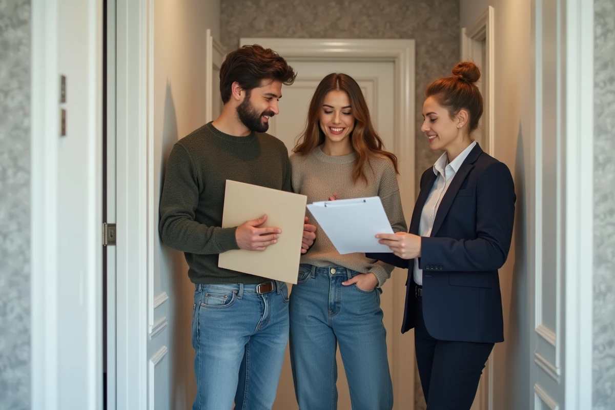 Jeune couple discutant avec un gestionnaire immobilier dans un appartement