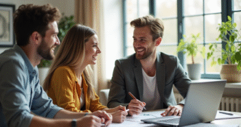 Jeune couple avec agent immobilier discutant d'investissement immobilier dans un salon lumineux