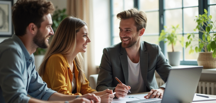 Jeune couple avec agent immobilier discutant d'investissement immobilier dans un salon lumineux