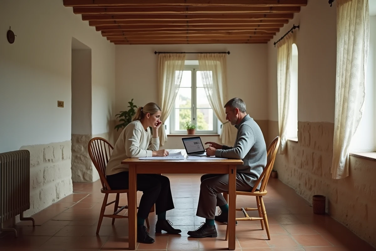 Couple étudiant un dossier immobilier à l'intérieur d'une maison en mâchefer rénovée avec murs en pierre de laitier et carrelage ancien