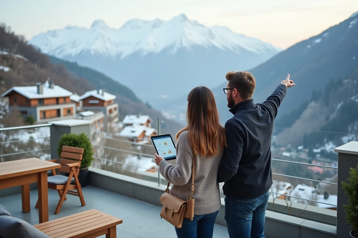 Couple d'acheteurs étrangers évaluant un investissement immobilier depuis la terrasse d'un appartement en Andorre