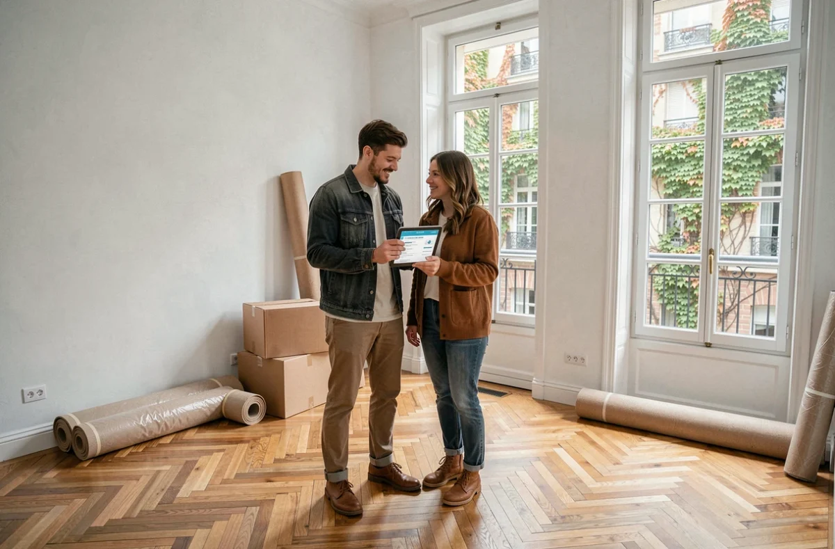 Couple de jeunes locataires comparant des offres d'assurance habitation pas chère dans leur nouvel appartement à Lyon