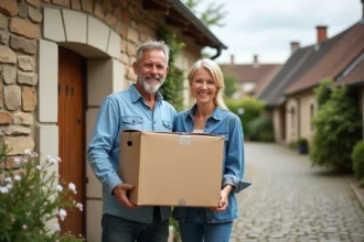 Couple souriant devant une maison en pierre en Haute-Loire