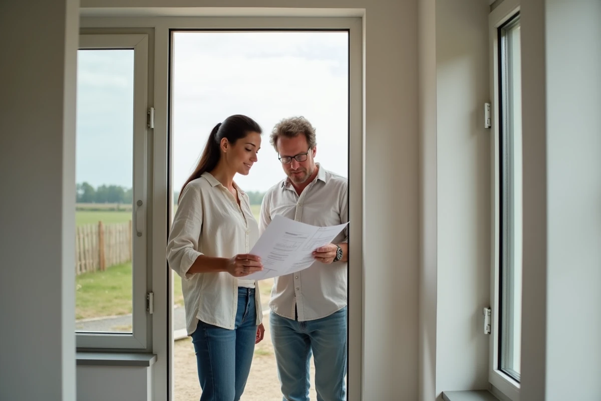 Couple consultant des plans immobiliers devant une maison vendéenne en entrée de lotissement, illustrant un projet d'achat immobilier en Vendée