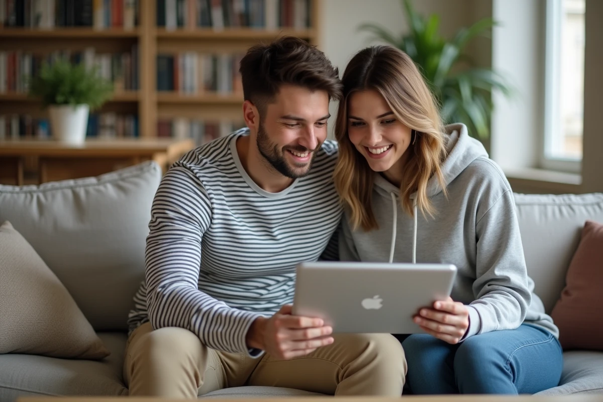 Couple cherchant un appartement à louer sur une tablette dans un salon moderne