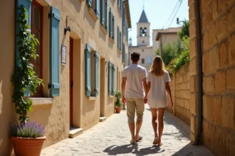 Couple se promenant dans une rue pavée du centre historique d'Avignon pour choisir leur quartier de résidence en 2026