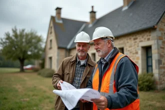 Couple français devant maison normande en rénovation